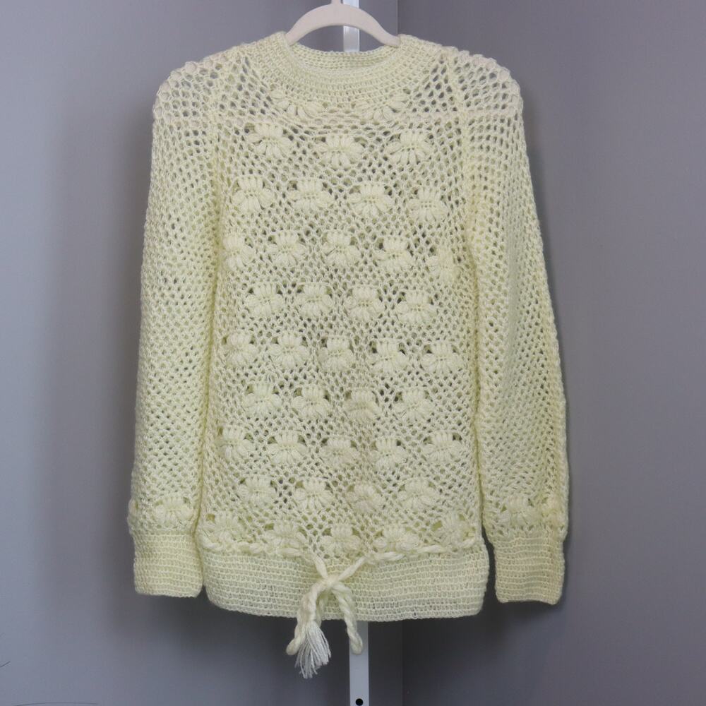 Vintage‎ Handmade Crochet Knit Sweater Pullover Cream Open Weave Size M